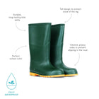 A pair of green Classic Wellies with yellow soles, described as durable, tall and cleated to prevent slipping.